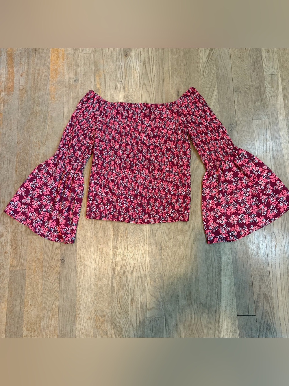 Express Floral Smocked Off Shoulder Bell Sleeve Top Medium